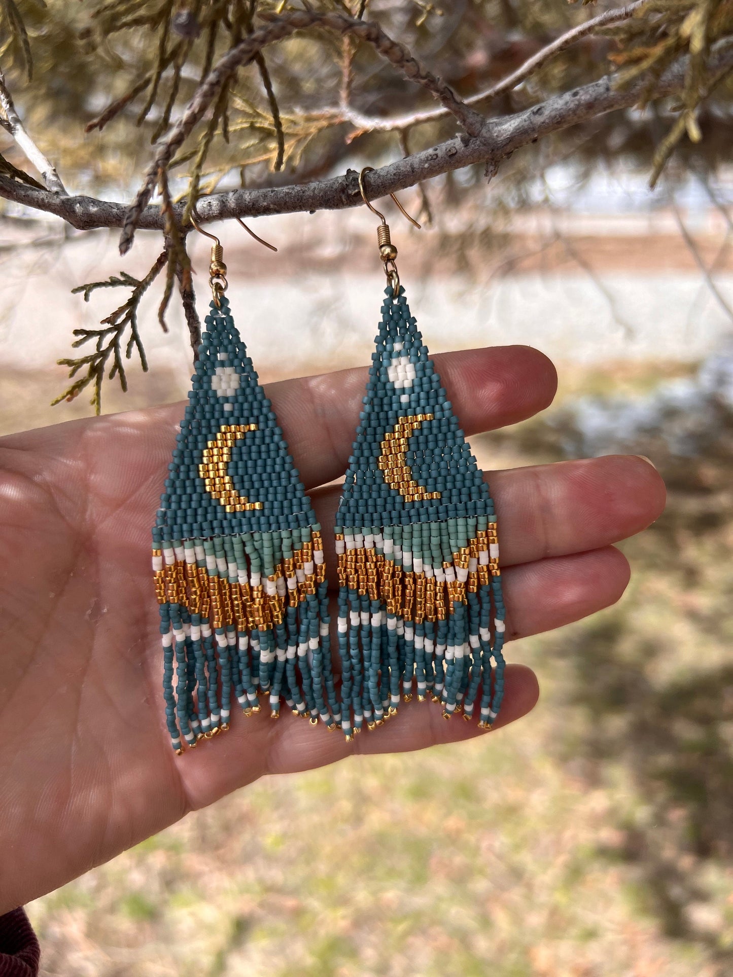 Baby blue moons and waves with gold accent chevron seed bead brickstitch dangle drop earrings