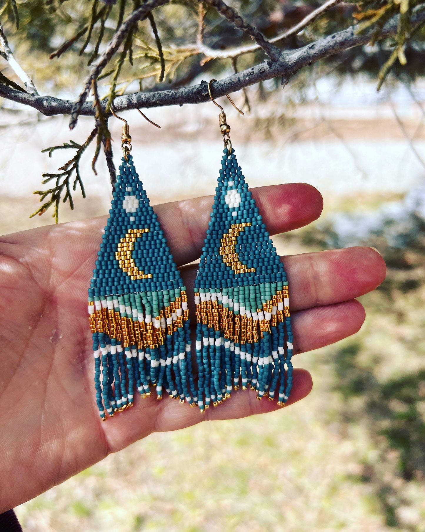 Baby blue moons and waves with gold accent chevron seed bead brickstitch dangle drop earrings