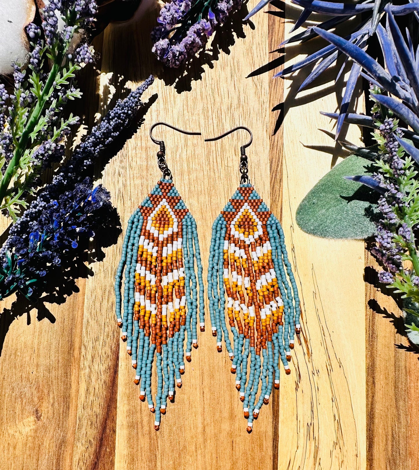 Baby blue and copper earth tone chevron seed bead brickstitch dangle drop earrings