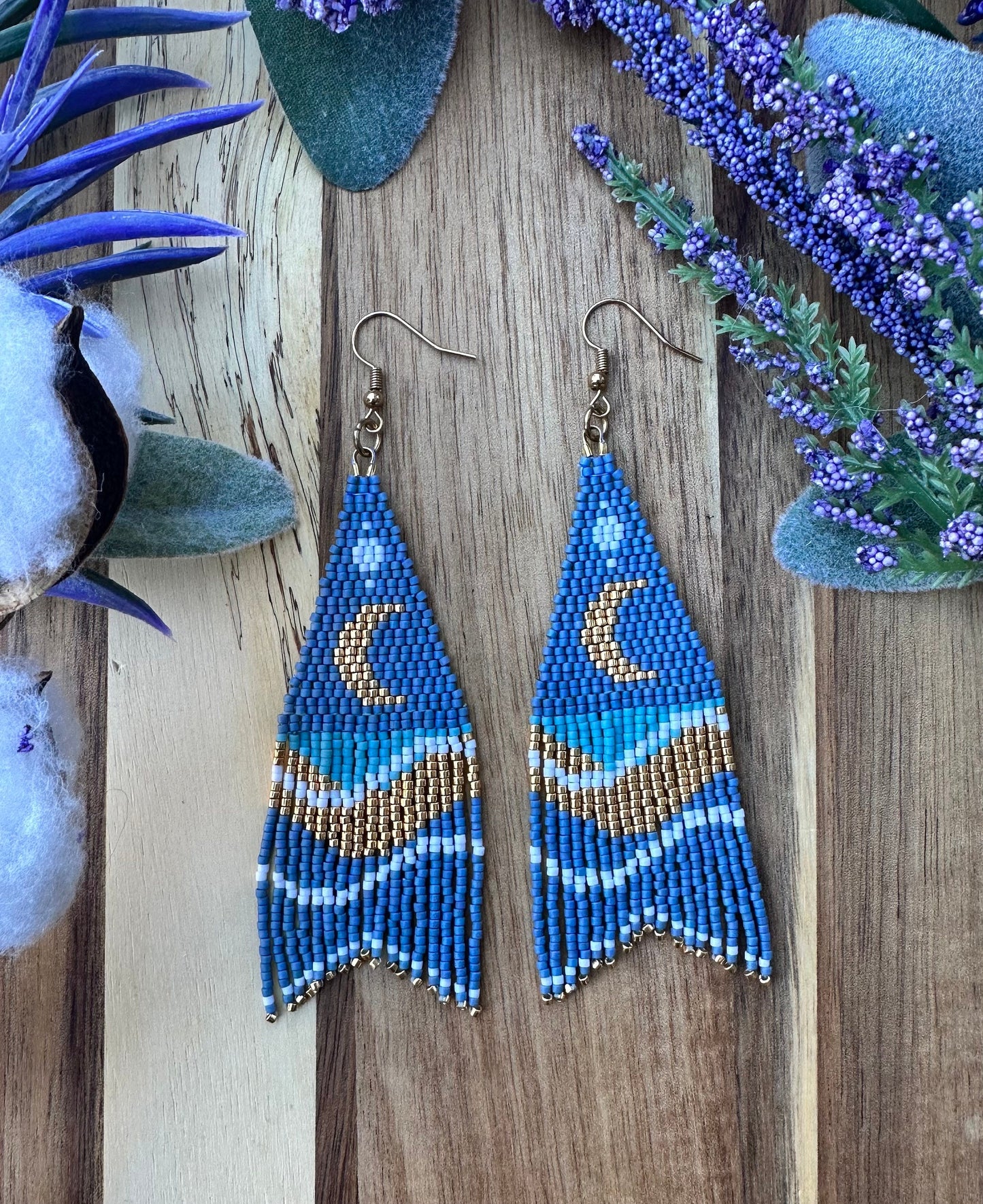 Baby blue moons and waves with gold accent chevron seed bead brickstitch dangle drop earrings
