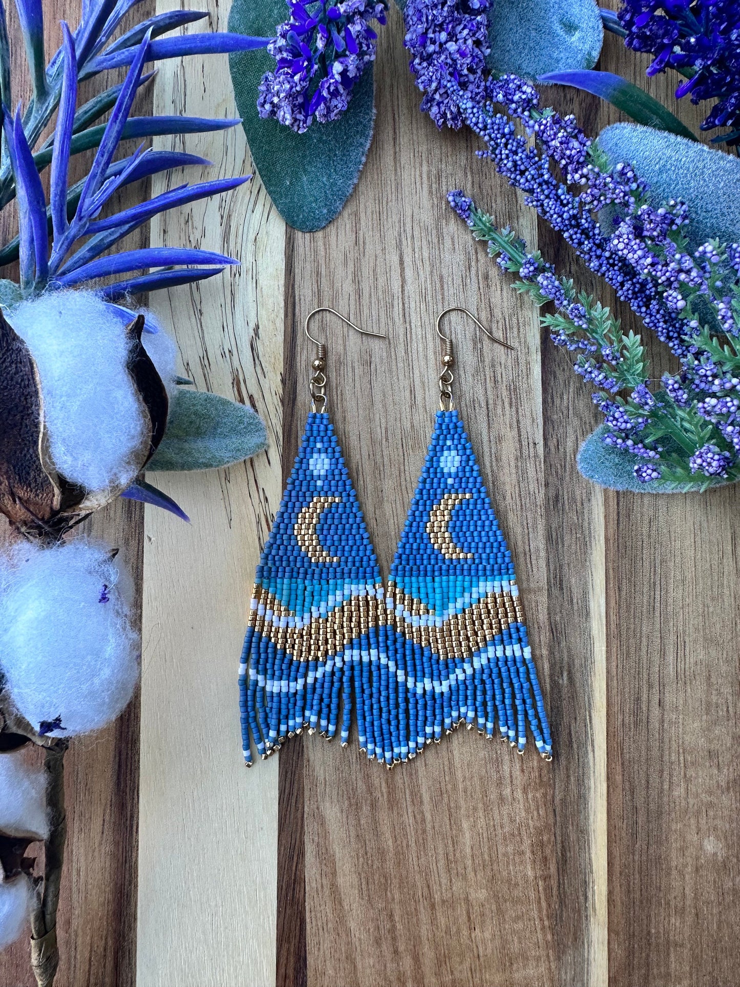 Baby blue moons and waves with gold accent chevron seed bead brickstitch dangle drop earrings