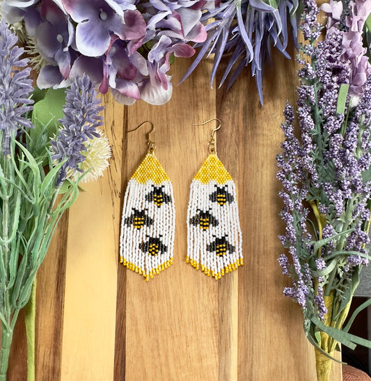 Bumble bee golden yellow seed bead brickstitch dangle drop earrings