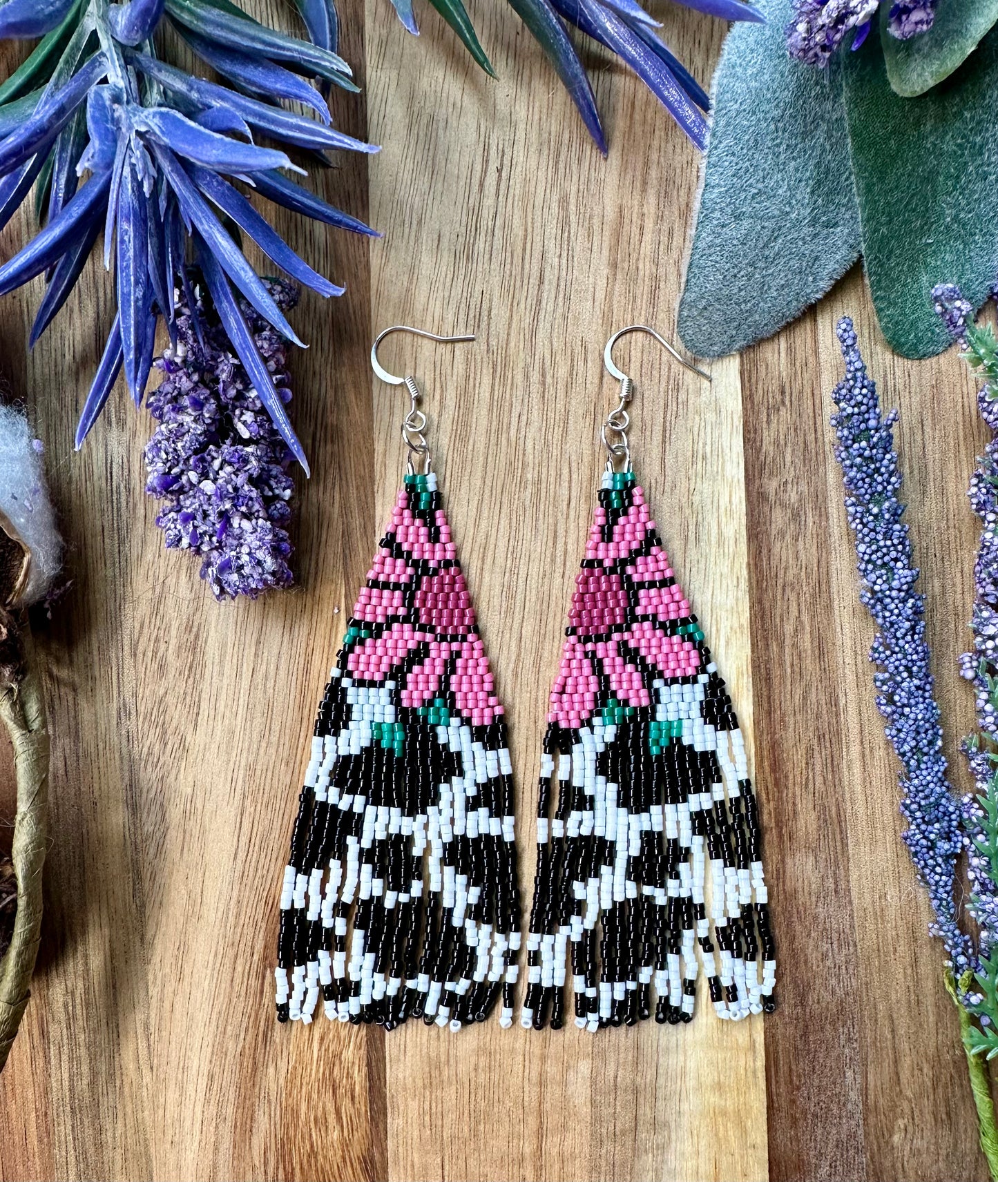 Pink Flower Cow Print Brickstitch Fringe Seed Bead Earrings