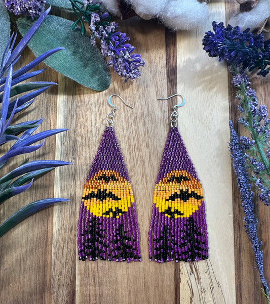 Halloween moon and bat seed bead brickstitch dangle drop earrings