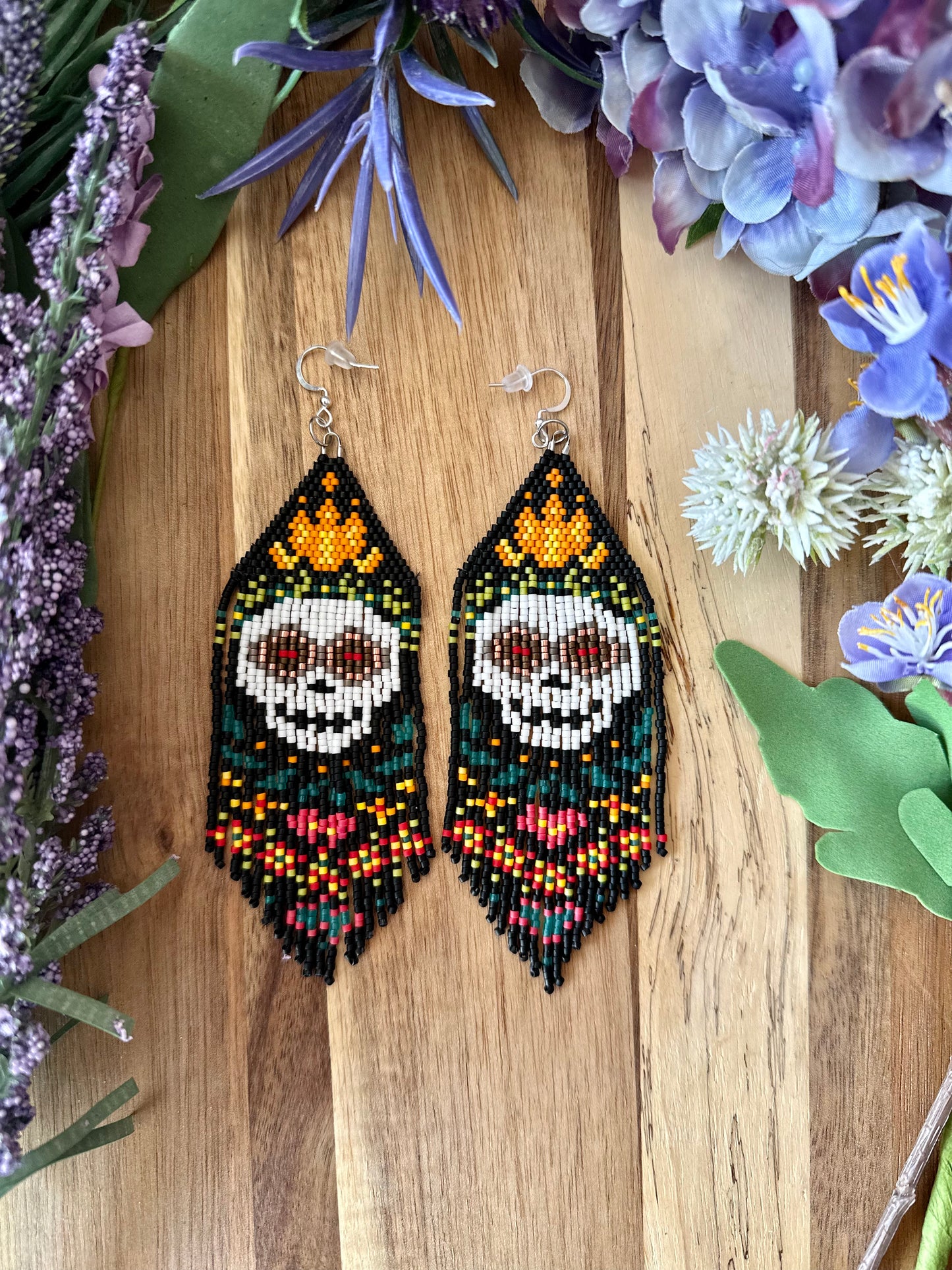 Day of the dead seed bead brickstitch dangle drop earrings