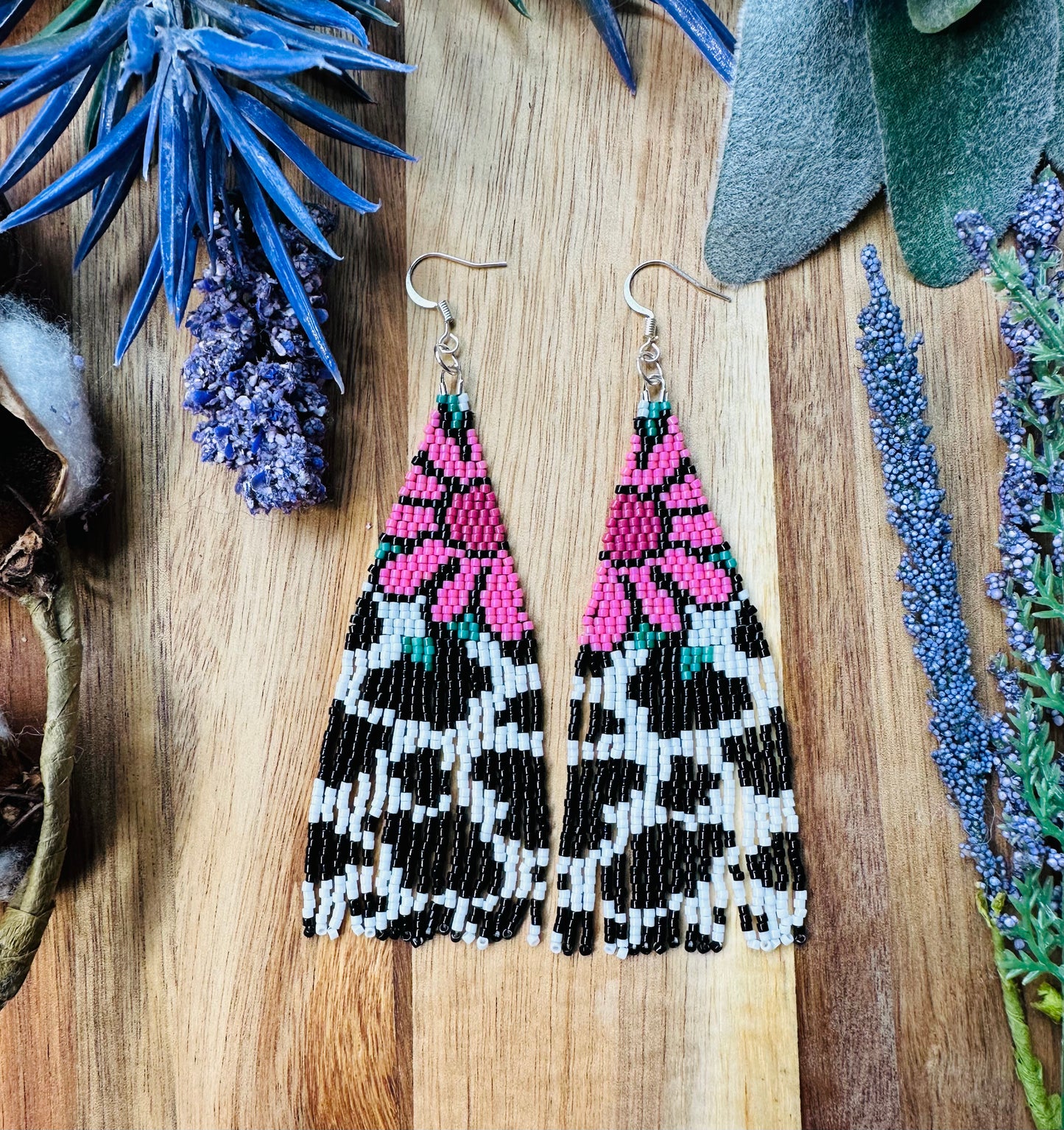 Pink Flower Cow Print Brickstitch Fringe Seed Bead Earrings