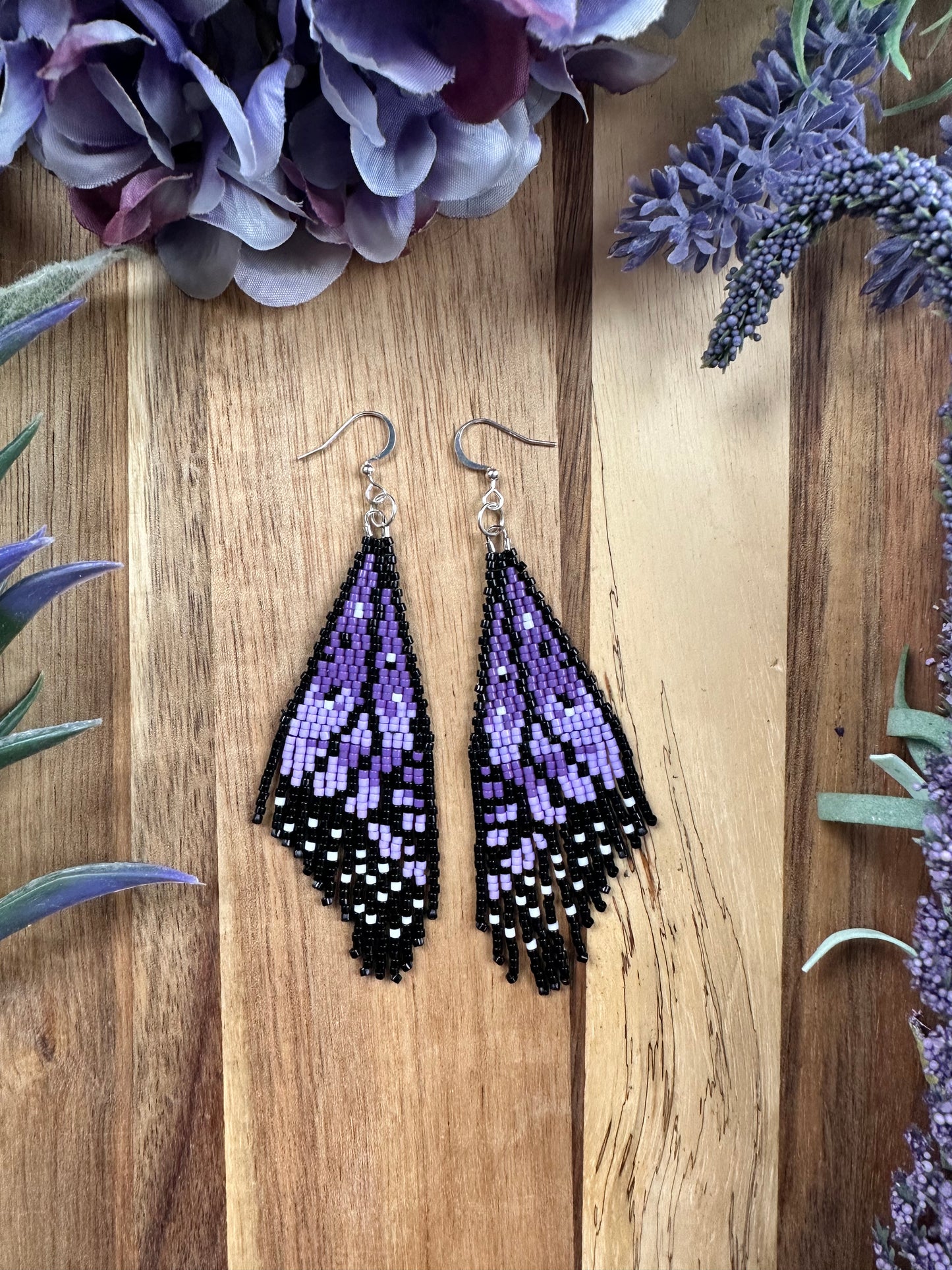 Purple Monarch butterfly wing seed bead brickstitch dangle drop earrings