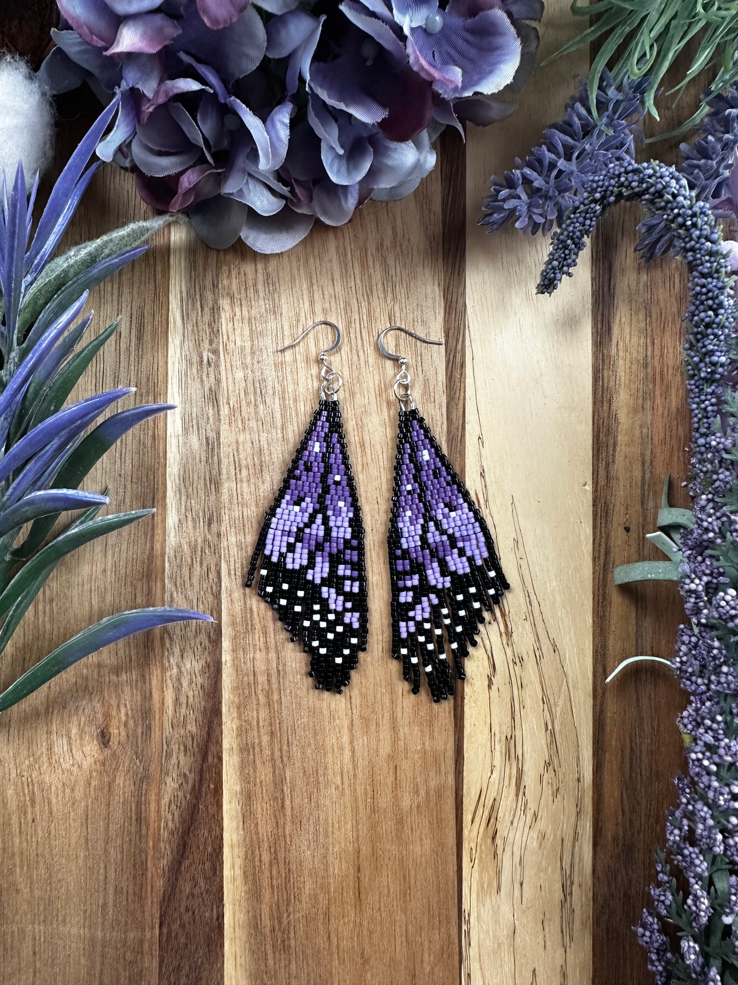 Purple Monarch butterfly wing seed bead brickstitch dangle drop earrings