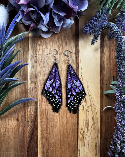 Purple Monarch butterfly wing seed bead brickstitch dangle drop earrings