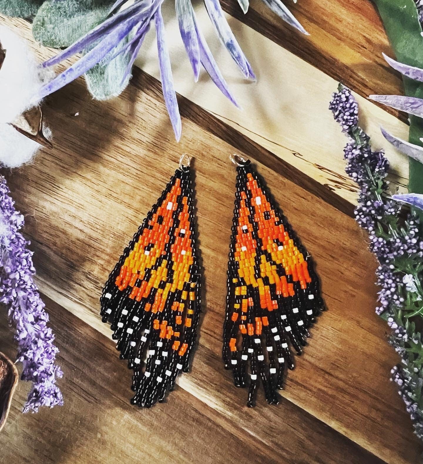 Monarch butterfly wing seed bead brickstitch dangle drop earrings