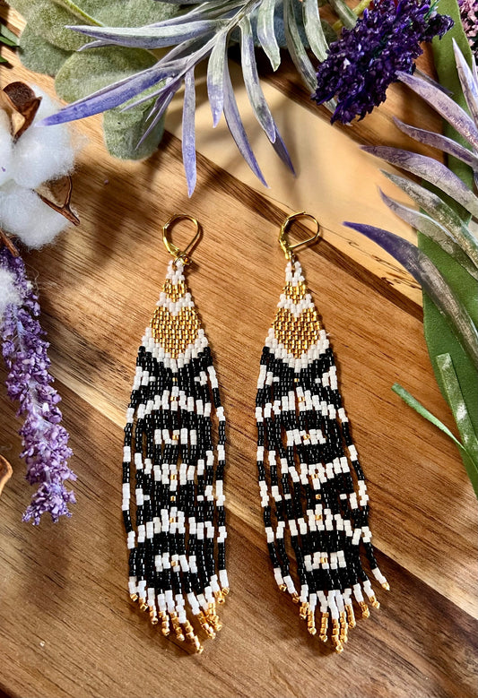 Gold heart, black and white chevron seed bead brickstitch dangle drop earrings