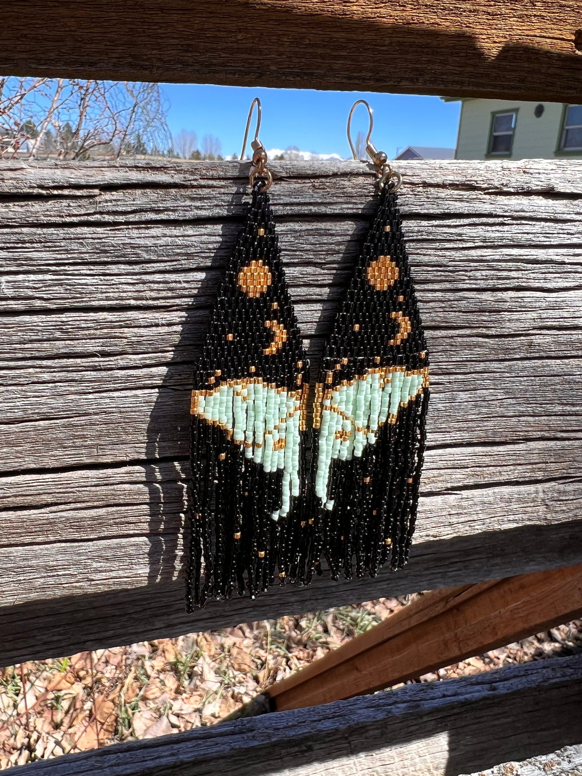 Luna moth wing seed bead brickstitch dangle drop earrings black, gold, mint green