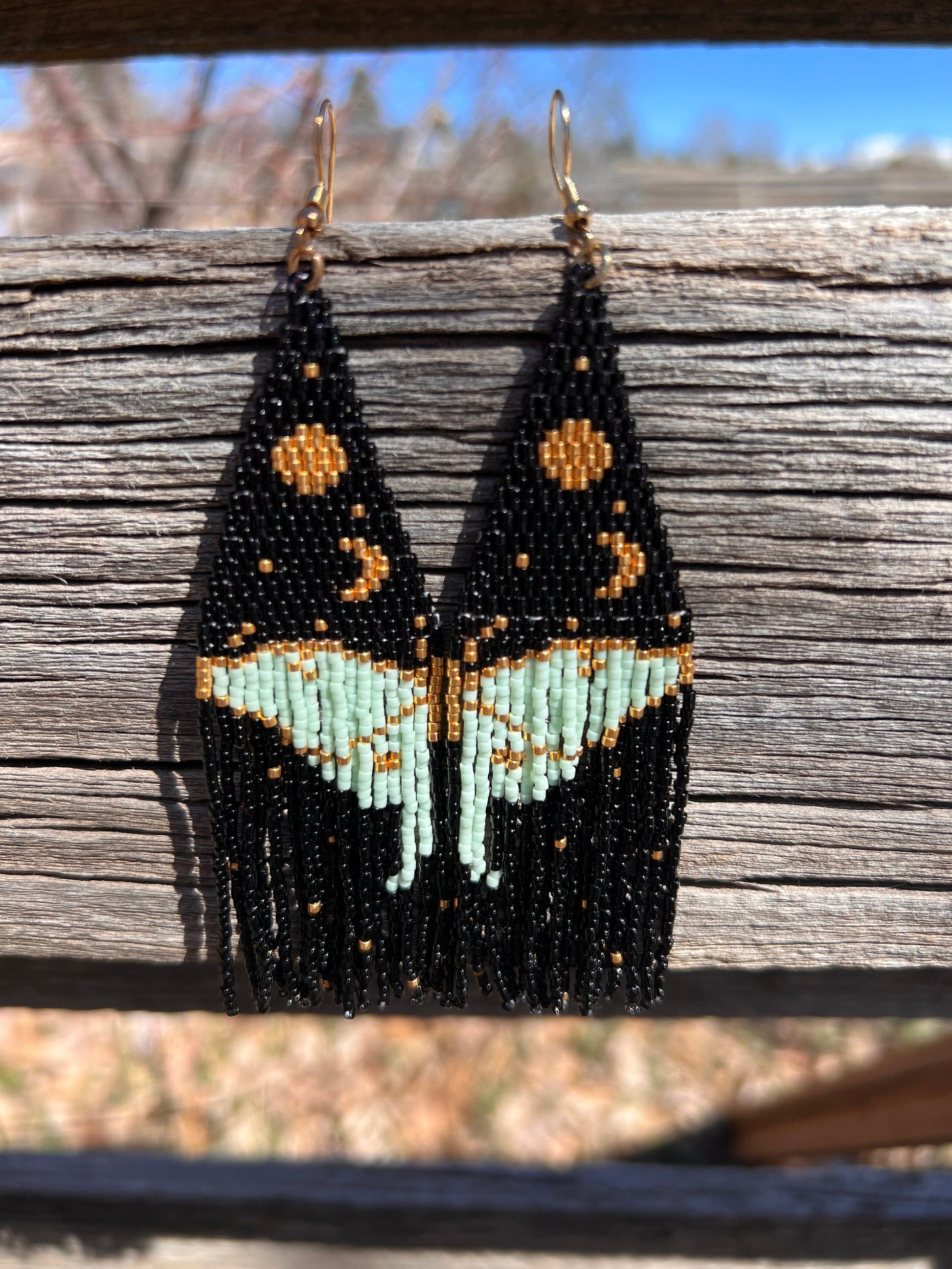 Luna moth wing seed bead brickstitch dangle drop earrings black, gold, mint green