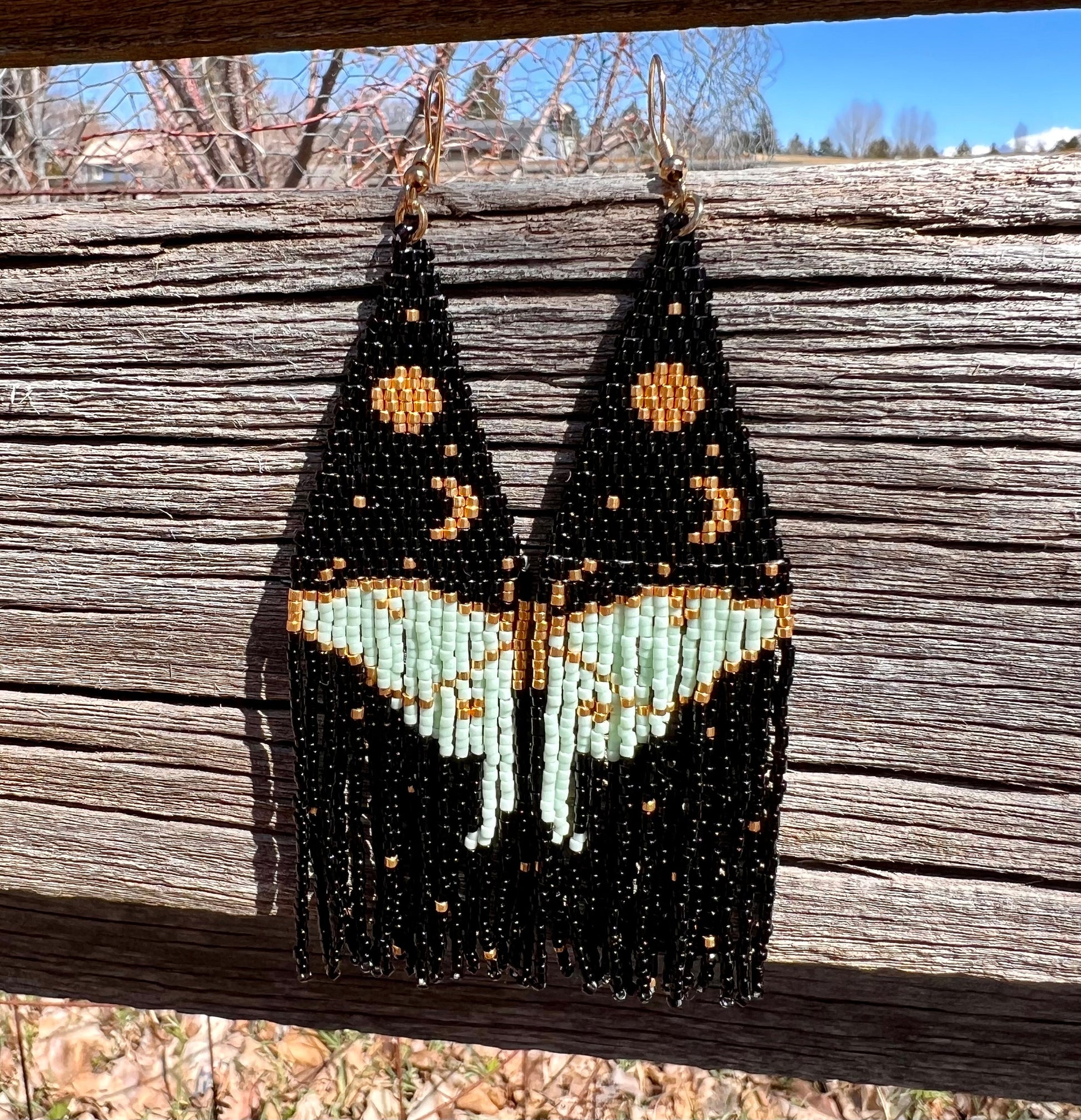 Luna moth wing seed bead brickstitch dangle drop earrings black, gold, mint green