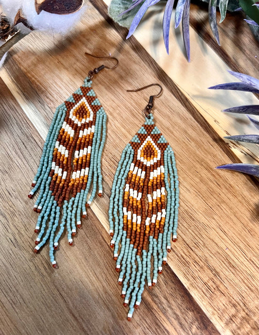 Baby blue and copper earth tone chevron seed bead brickstitch dangle drop earrings