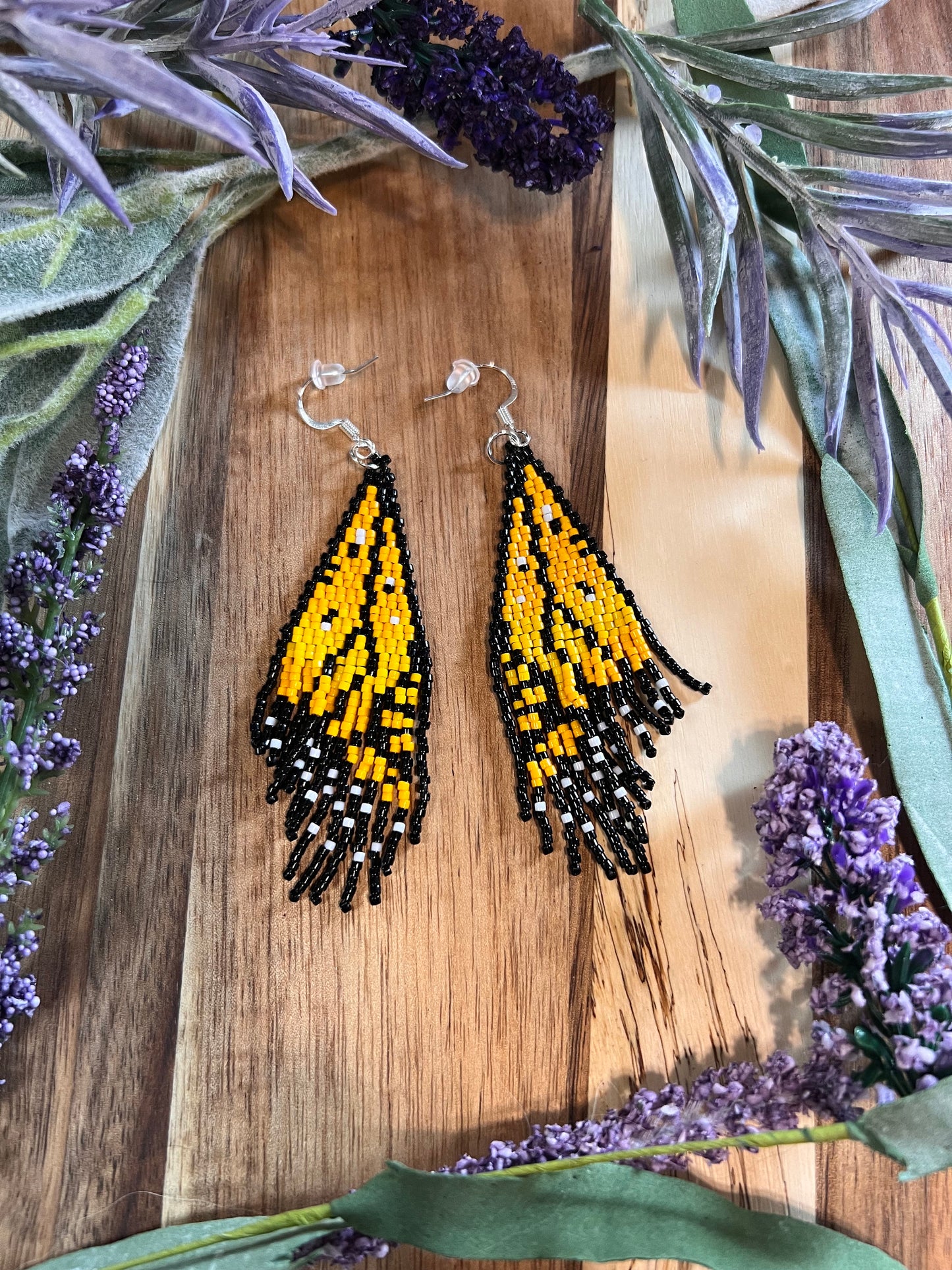 Yellow ombré Monarch butterfly wing seed bead brickstitch dangle drop earrings