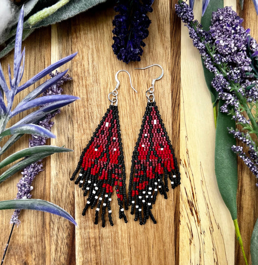 Red ombré Monarch butterfly wing seed bead brickstitch dangle drop earrings