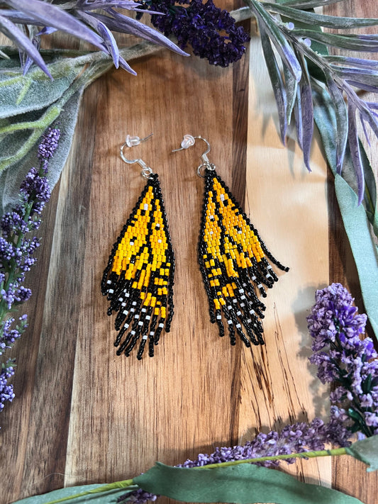 Yellow ombré Monarch butterfly wing seed bead brickstitch dangle drop earrings