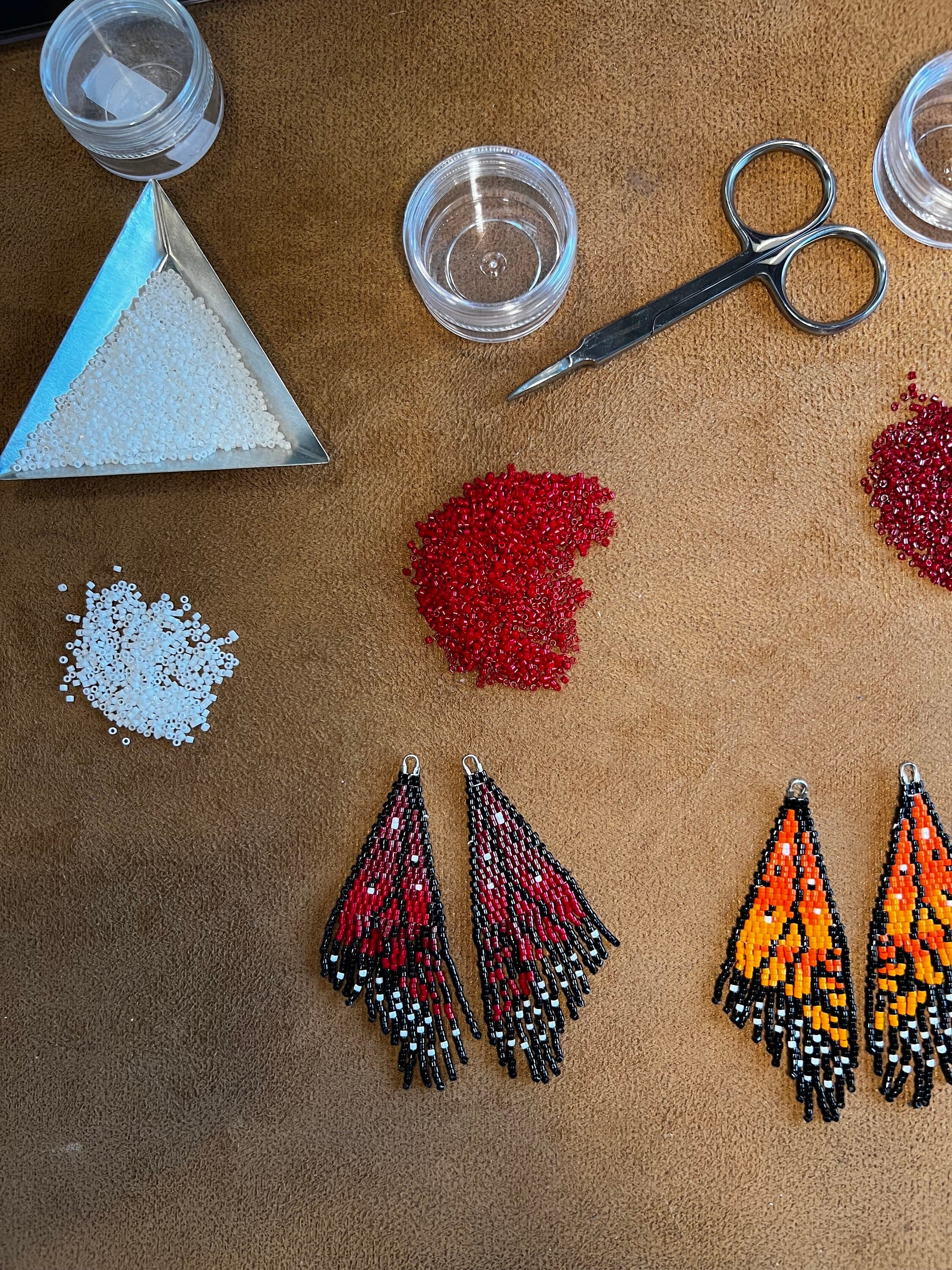 Red ombré Monarch butterfly wing seed bead brickstitch dangle drop earrings