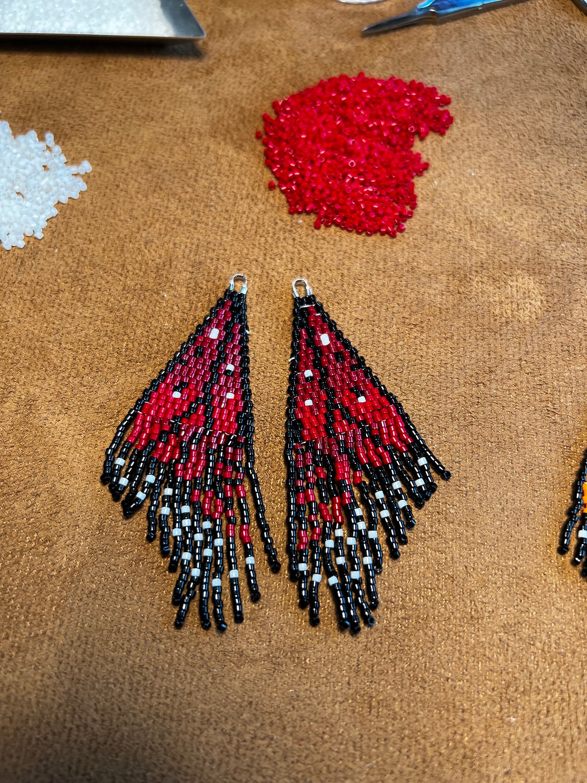 Red ombré Monarch butterfly wing seed bead brickstitch dangle drop earrings