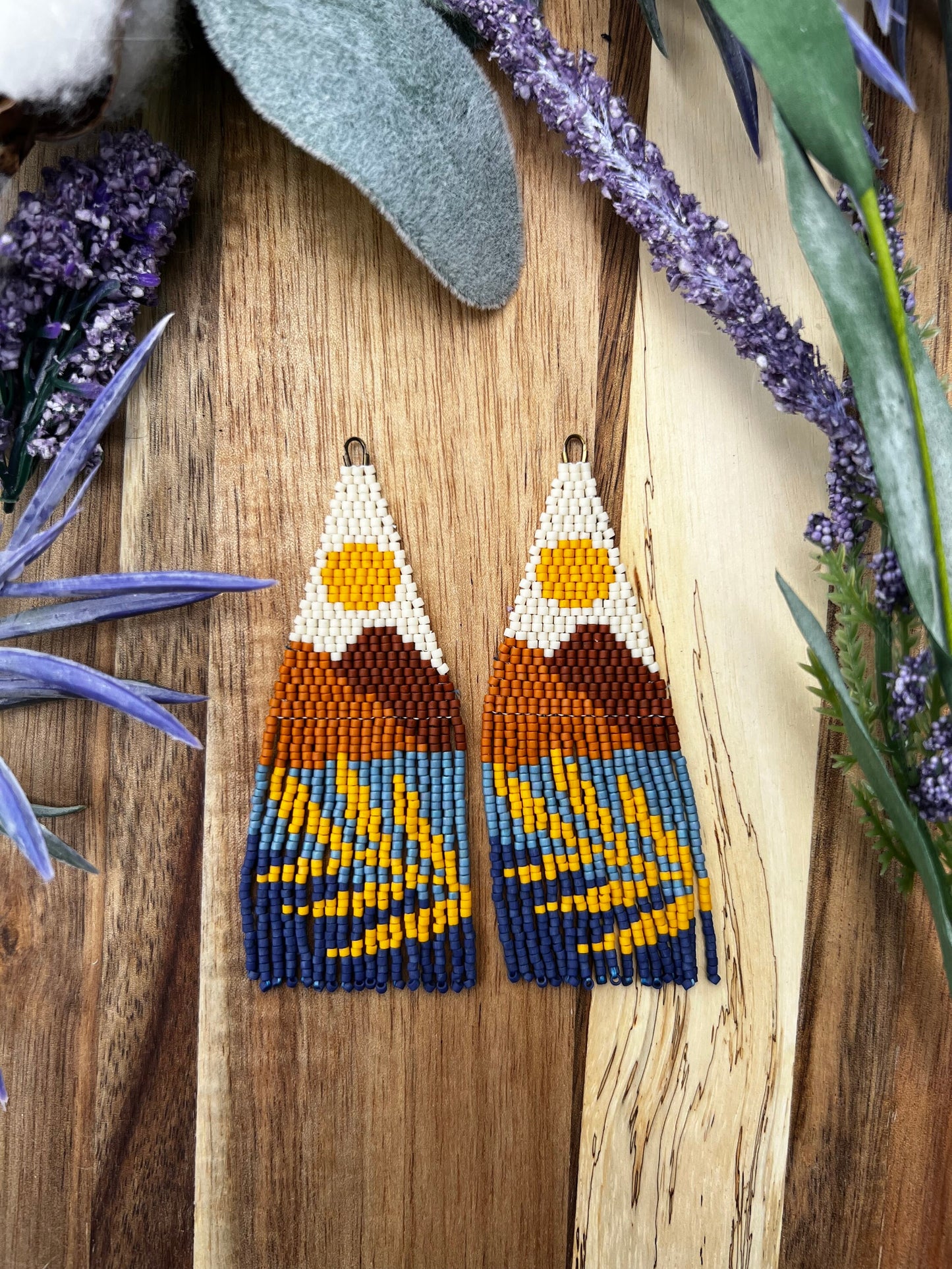 Terra cotta desert and mountain landscape dangle drop seed bead earrings