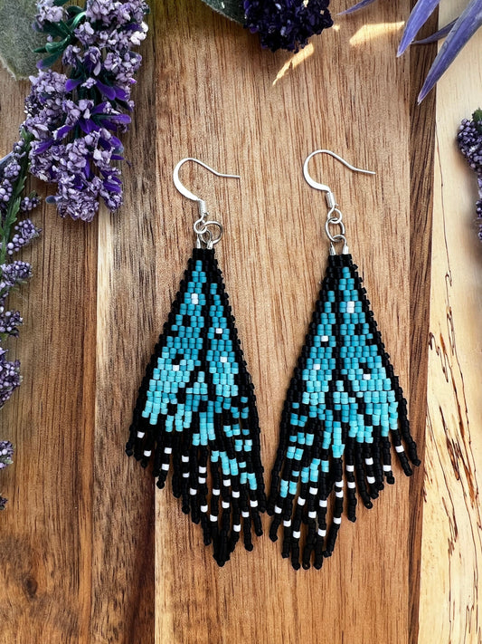 Monarch butterfly light blue wing seed bead brickstitch dangle drop earrings