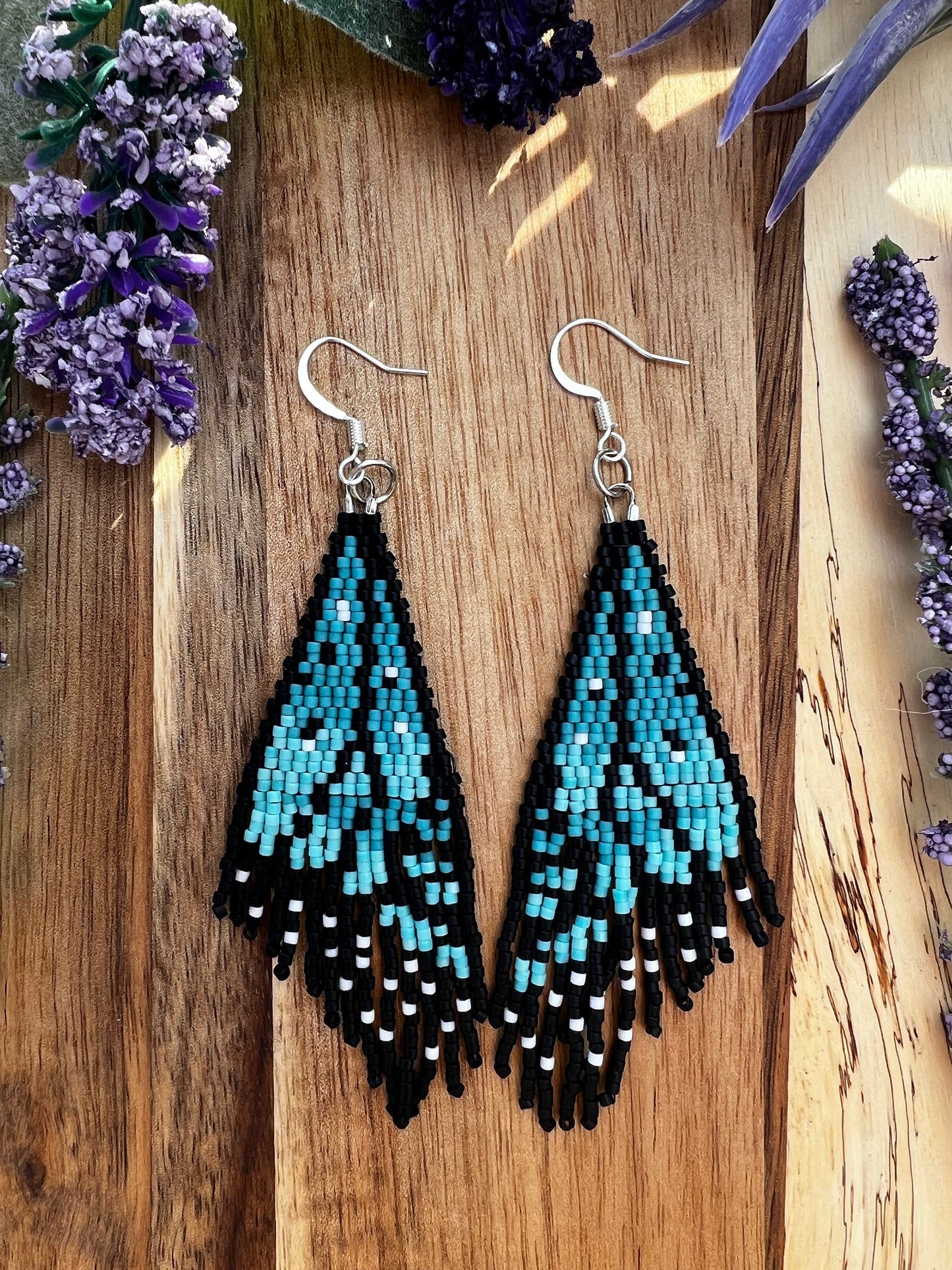 Monarch butterfly light blue wing seed bead brickstitch dangle drop earrings