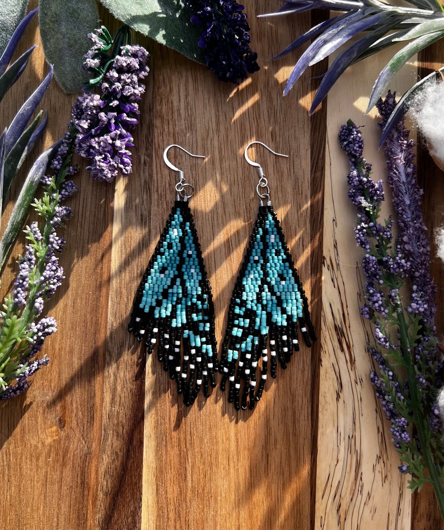 Monarch butterfly light blue wing seed bead brickstitch dangle drop earrings