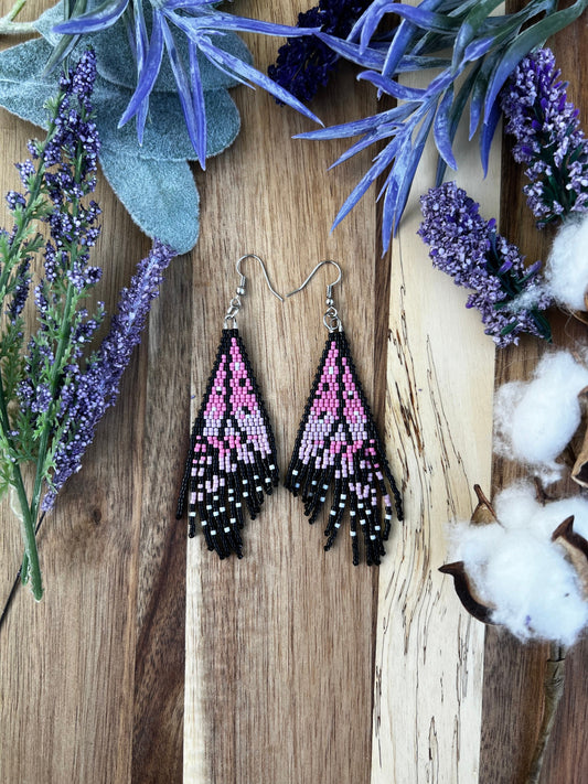 Pink ombré Monarch butterfly wing seed bead brickstitch dangle drop earrings