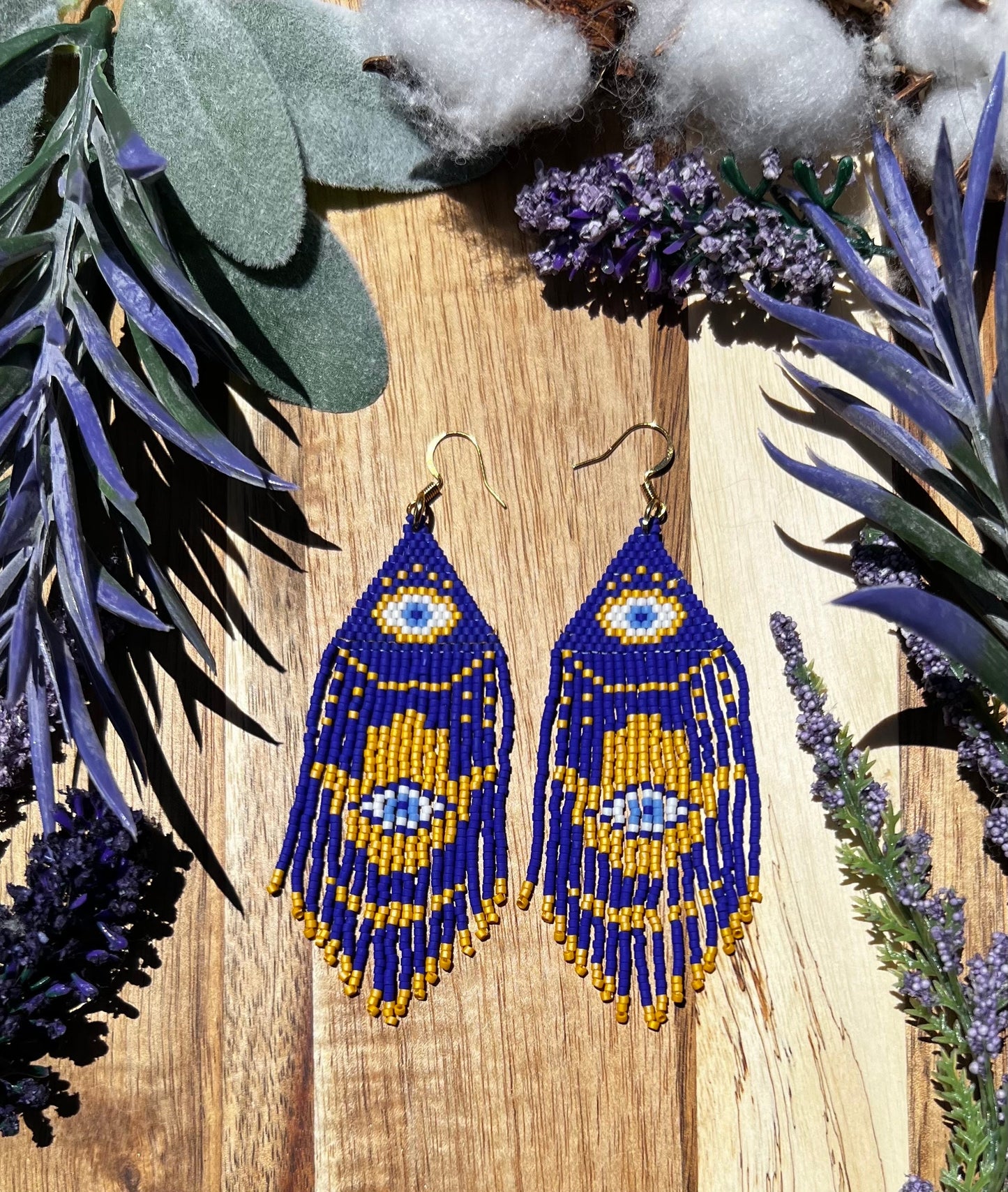 Dark blue evil eye, hand of Fatima with gold accent seed bead brickstitch dangle drop earrings