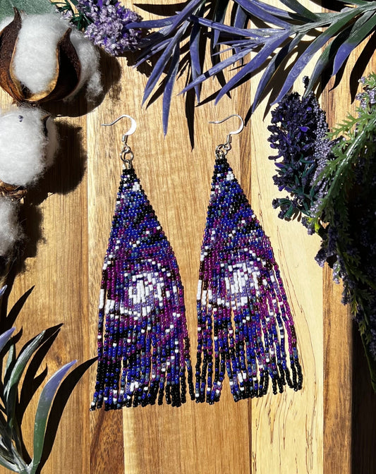 Purple galaxy space white swirl seed bead brickstitch dangle drop earrings