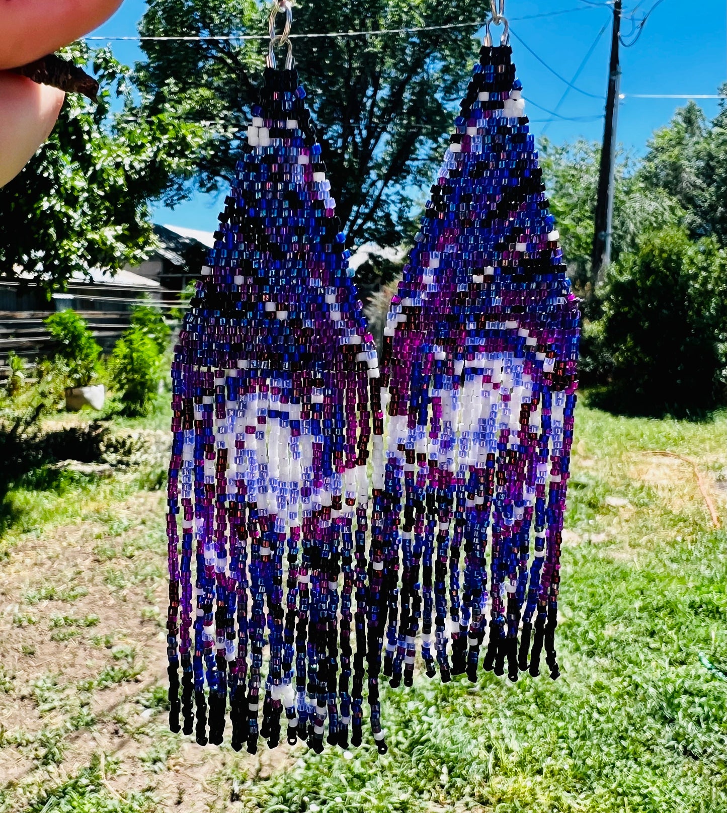 Purple galaxy space white swirl seed bead brickstitch dangle drop earrings