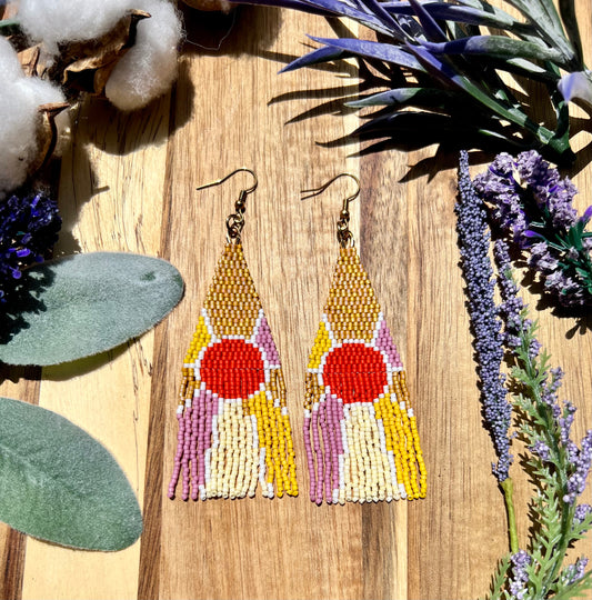 Golden sunshine pink and yellow seed bead brickstitch dangle drop earrings