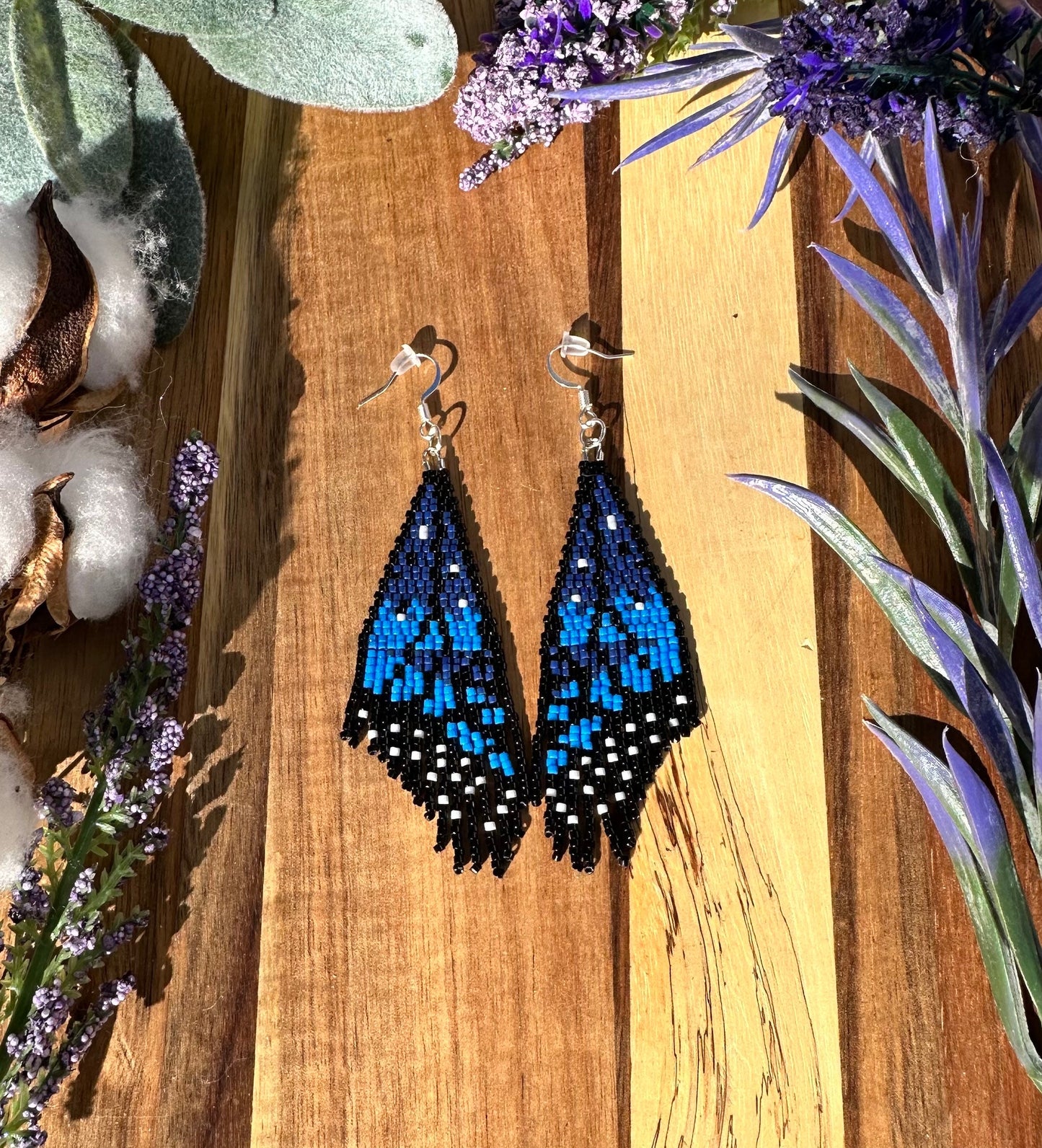 Monarch butterfly dark blue wing seed bead brickstitch dangle drop earrings