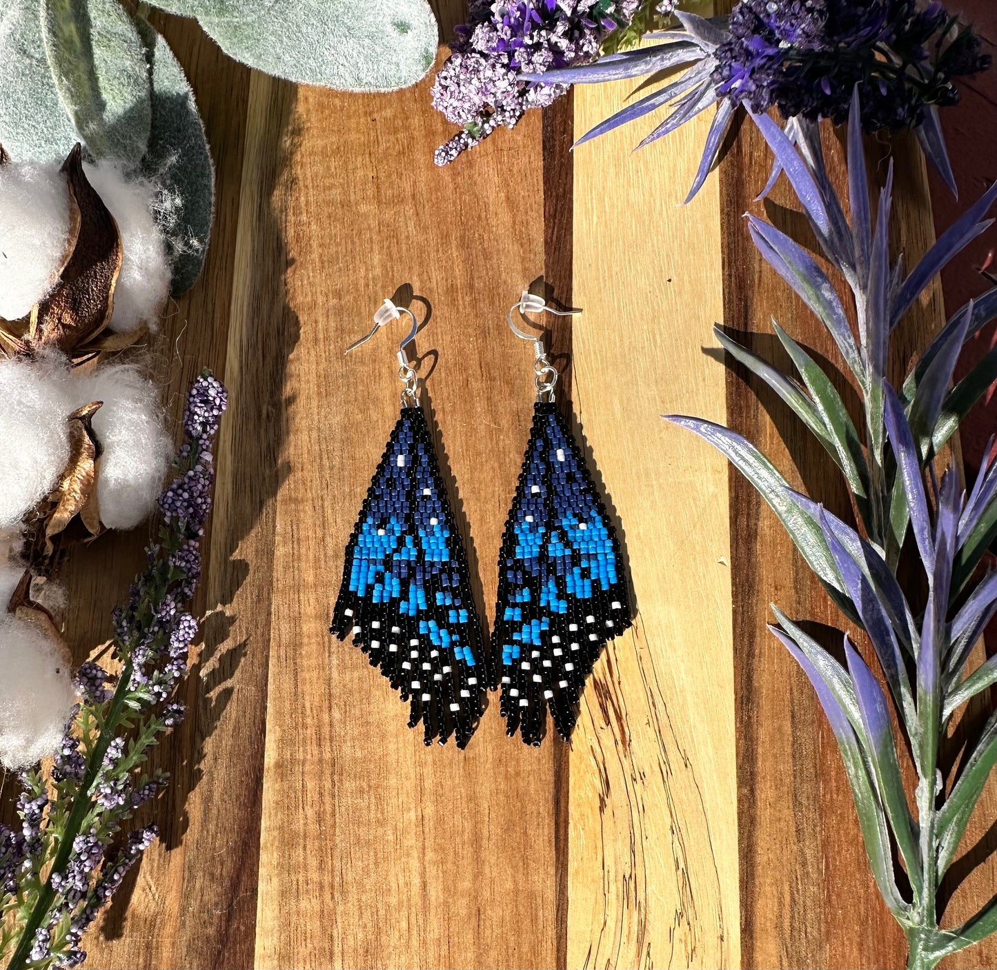 Monarch butterfly dark blue wing seed bead brickstitch dangle drop earrings