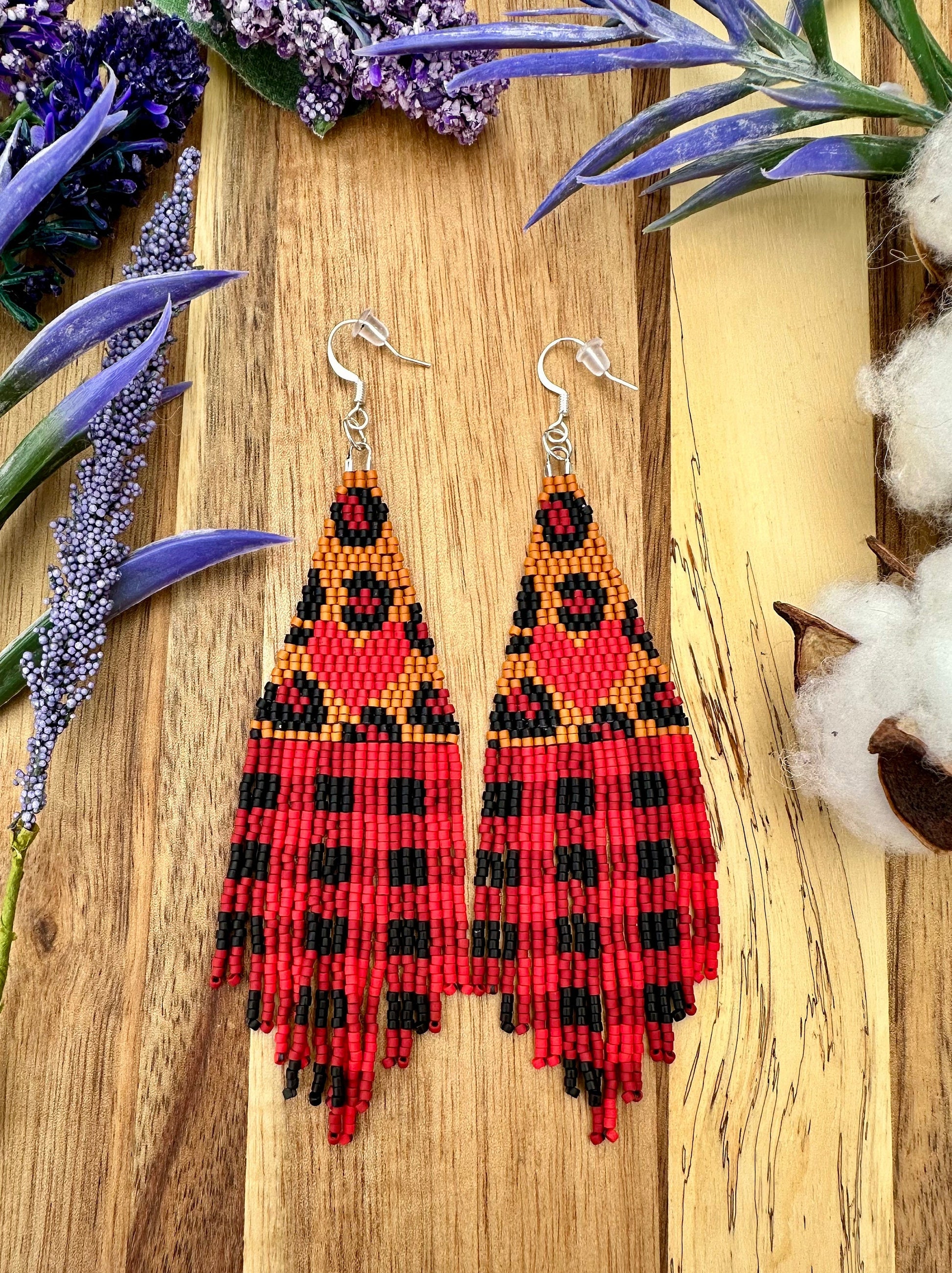 Cheetah Print Buffalo Plaid brick stitch fringe seed bead dangle drop earrings