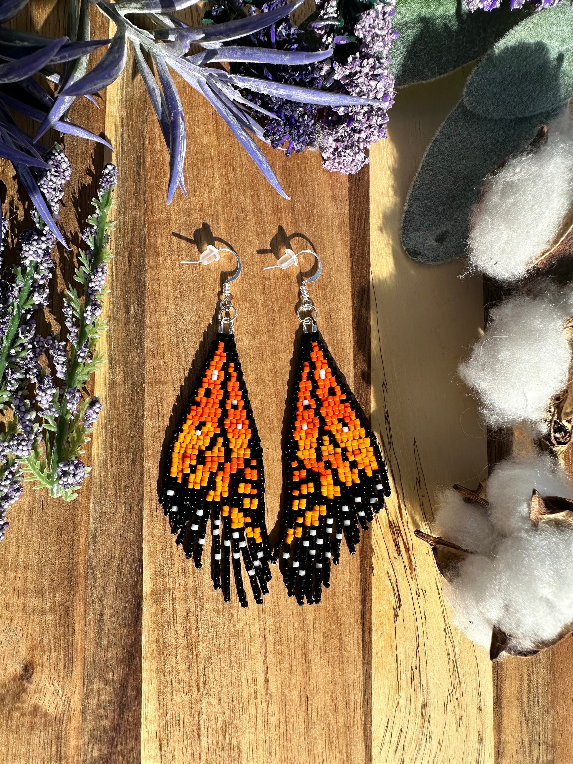 Monarch butterfly wing seed bead brickstitch dangle drop earrings