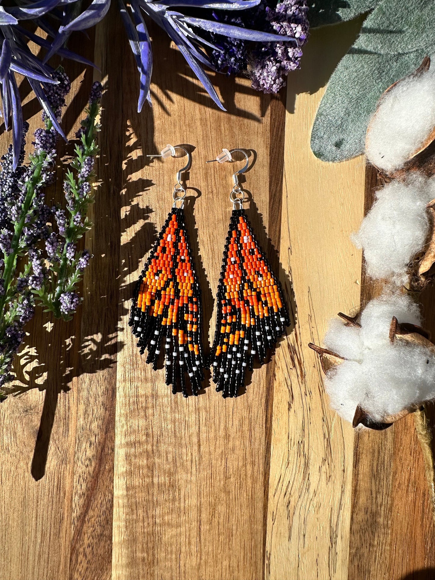 Monarch butterfly wing seed bead brickstitch dangle drop earrings