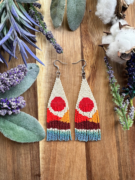 Red sun and mountain landscape dangle drop seed bead earrings