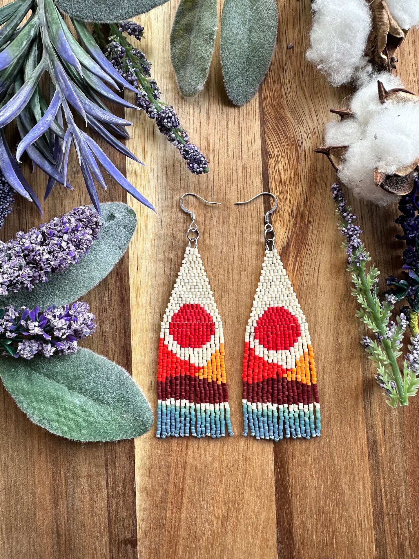 Red sun and mountain landscape dangle drop seed bead earrings