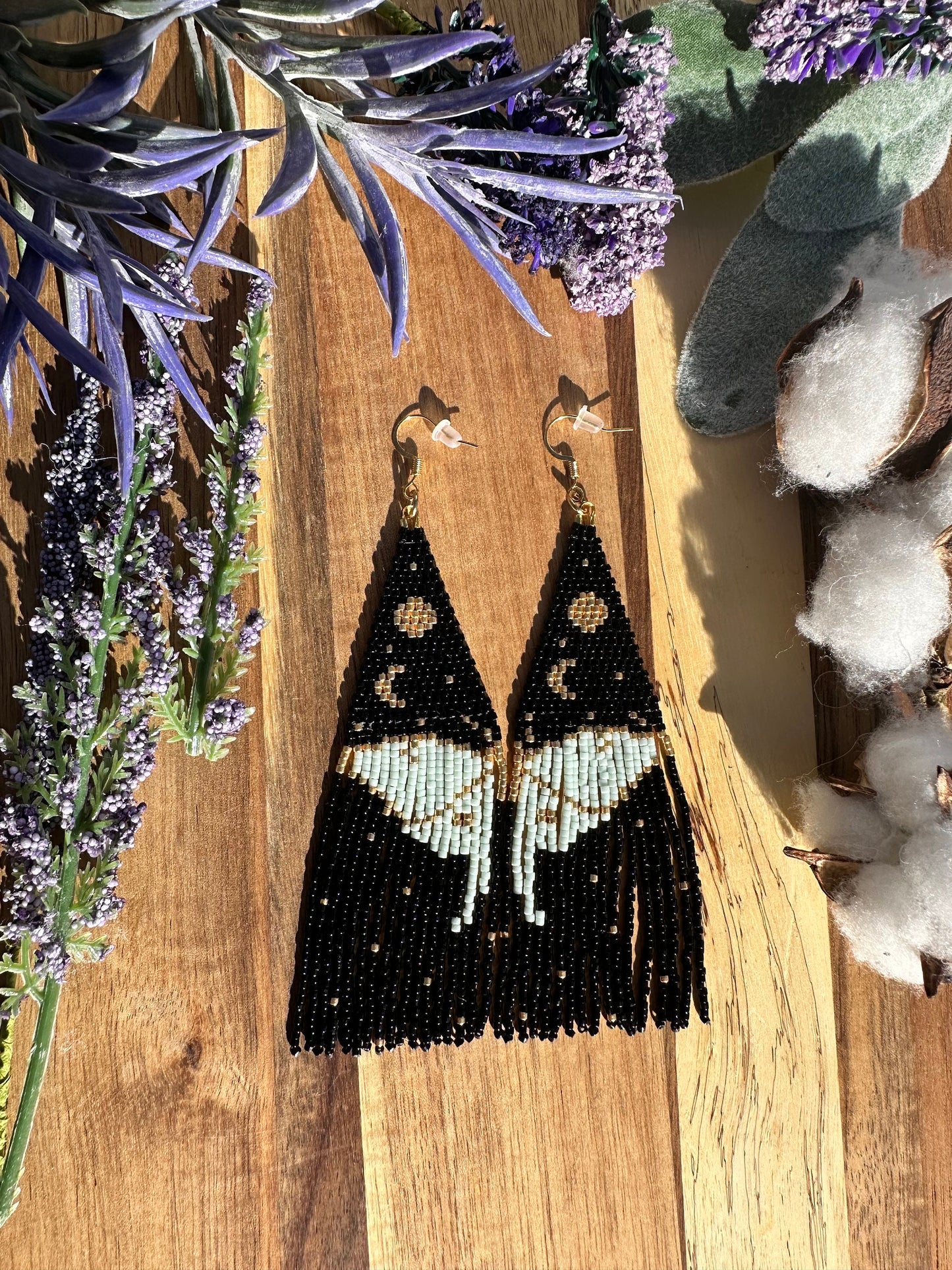 Luna moth wing seed bead brickstitch dangle drop earrings black, gold, mint green