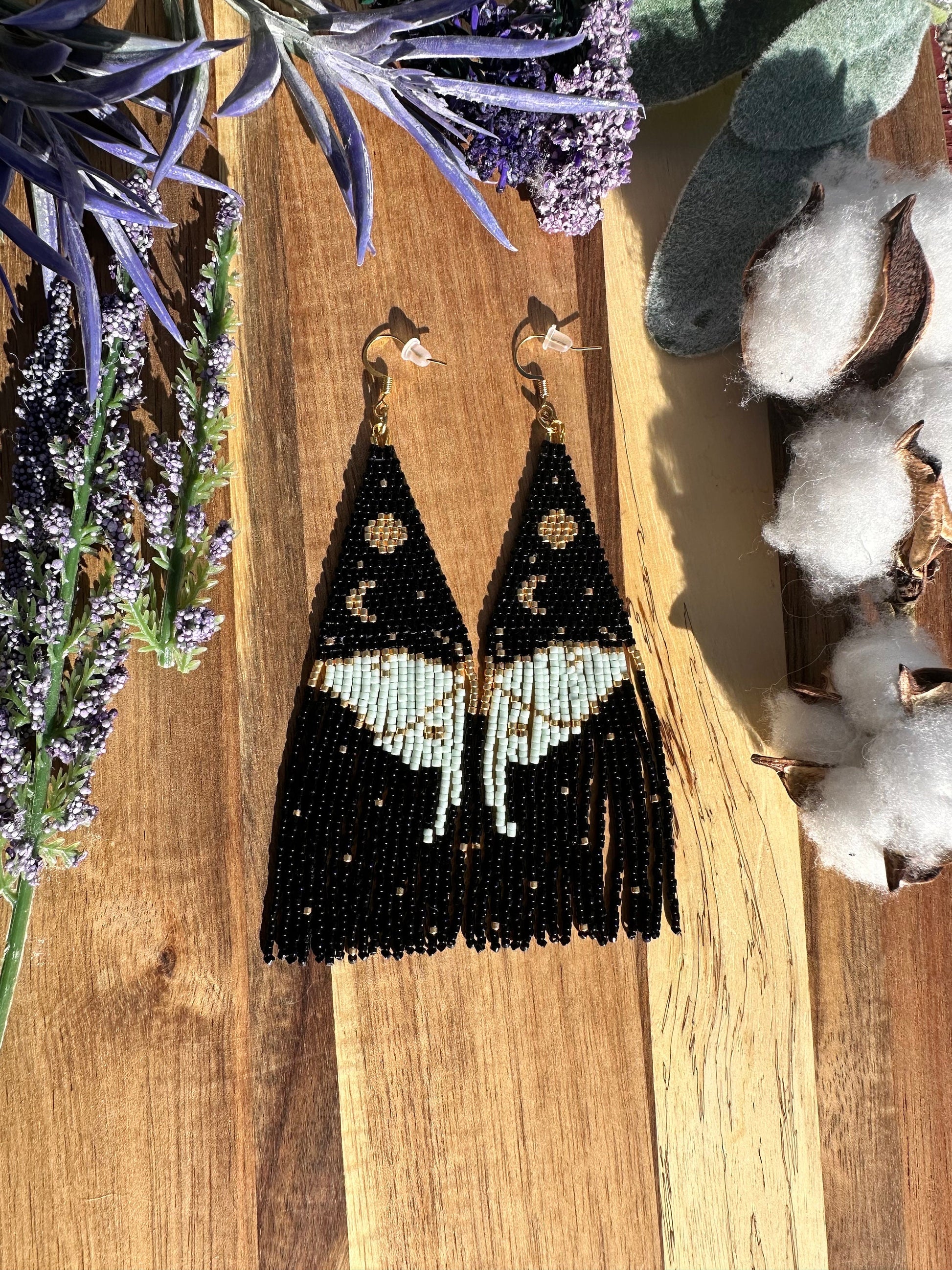 Luna moth wing seed bead brickstitch dangle drop earrings black, gold, mint green