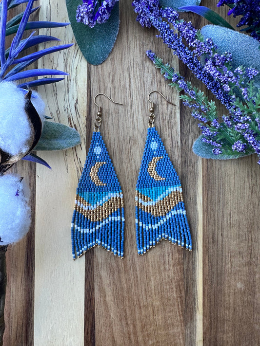 Baby blue moons and waves with gold accent chevron seed bead brickstitch dangle drop earrings