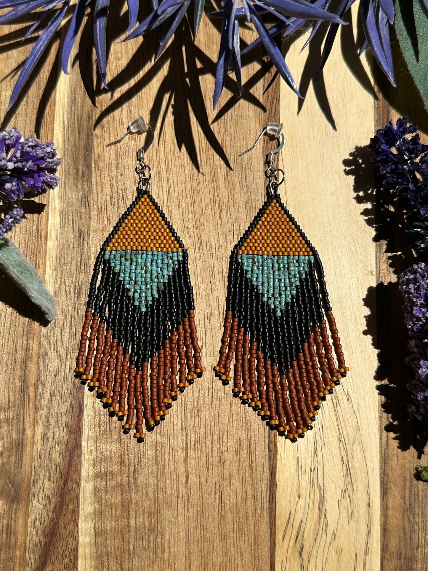 Southwestern brown turquoise black matte dangle drop delica seed bead earrings