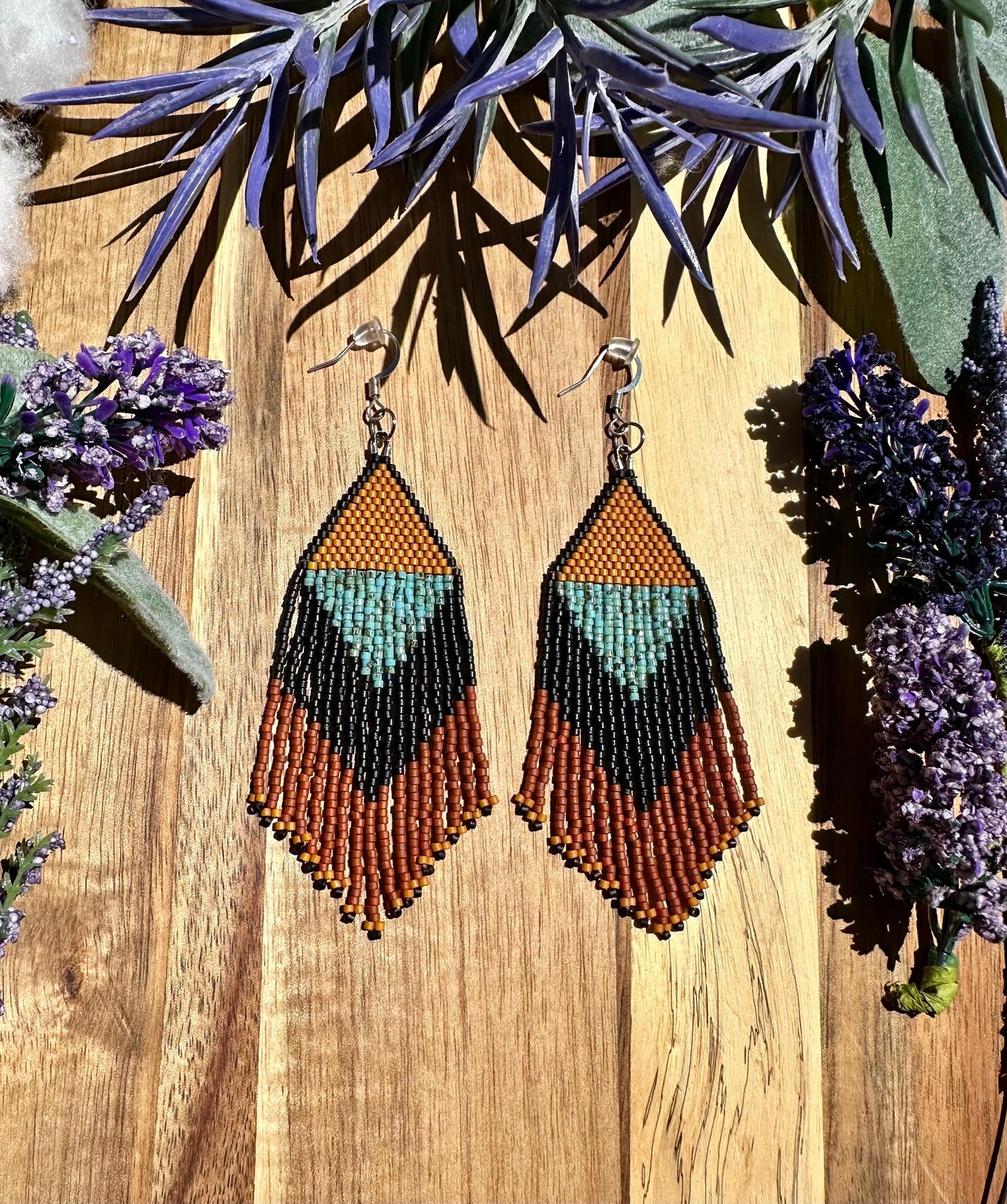 Southwestern brown turquoise black matte dangle drop delica seed bead earrings