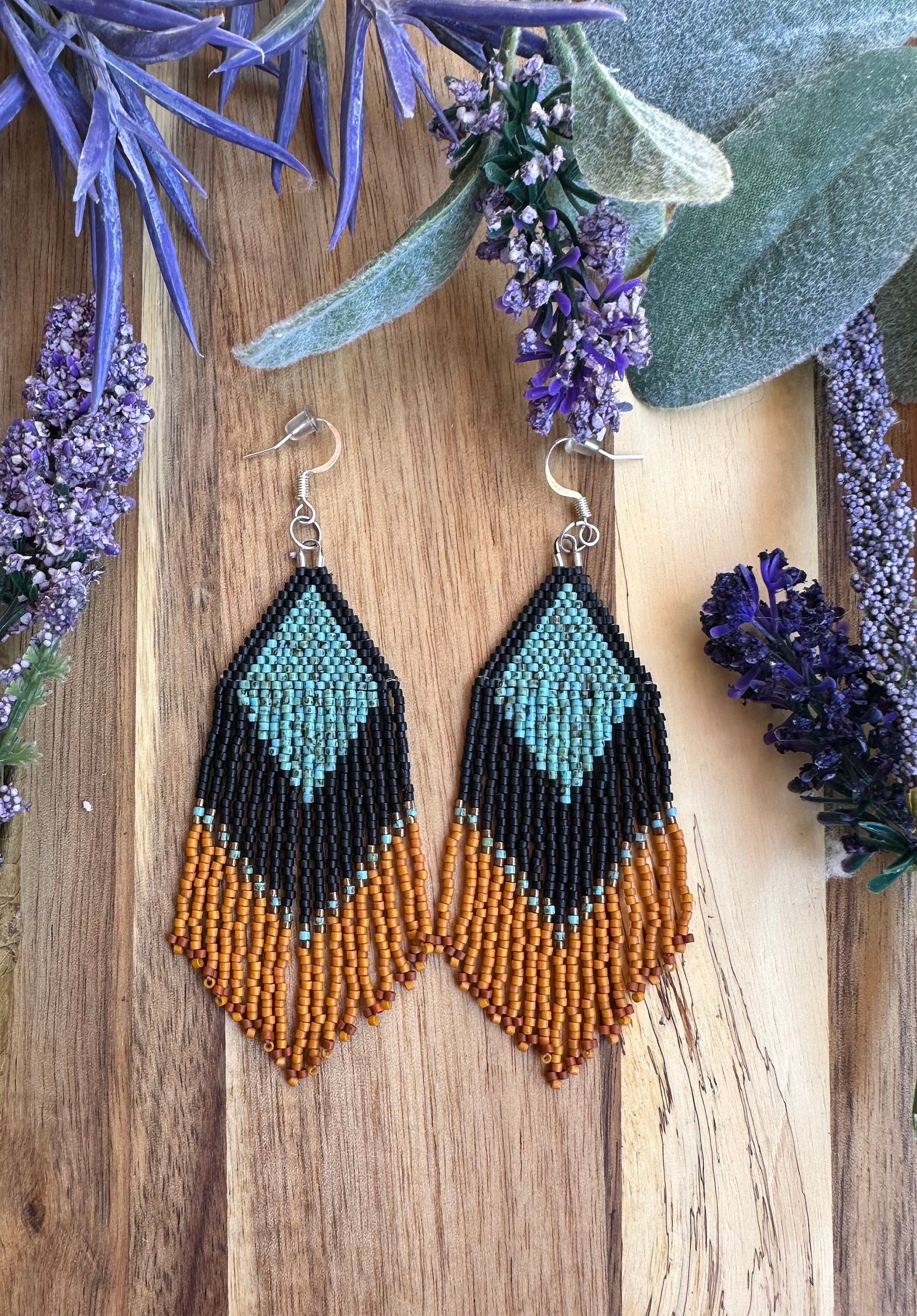 Southwestern brown turquoise black matte dangle drop delica seed bead earrings