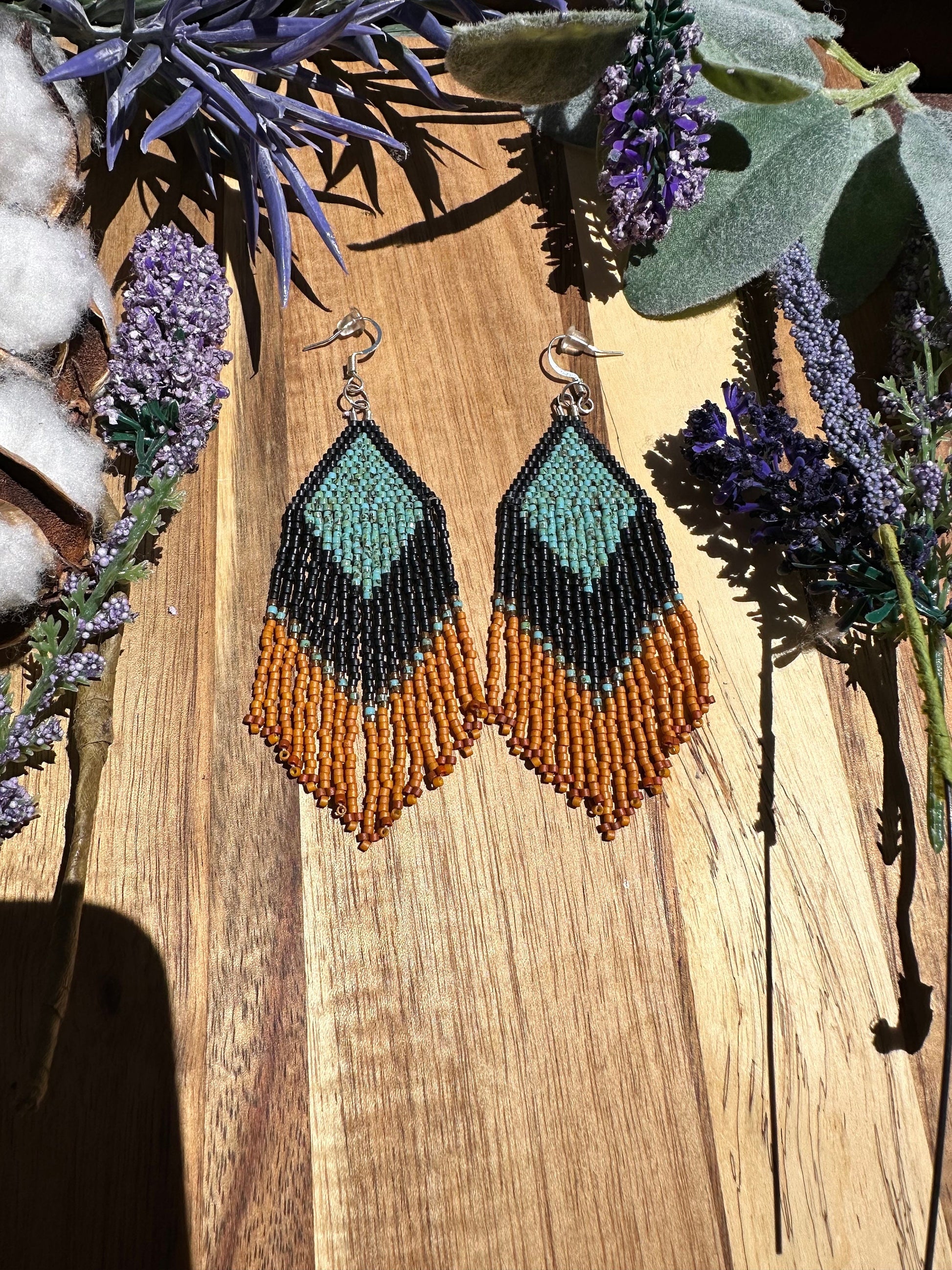 Southwestern brown turquoise black matte dangle drop delica seed bead earrings